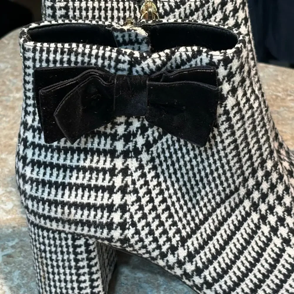 Kate Spade New York Holly Bow Houndstooth Black & White Ankle Boots Size 9.5